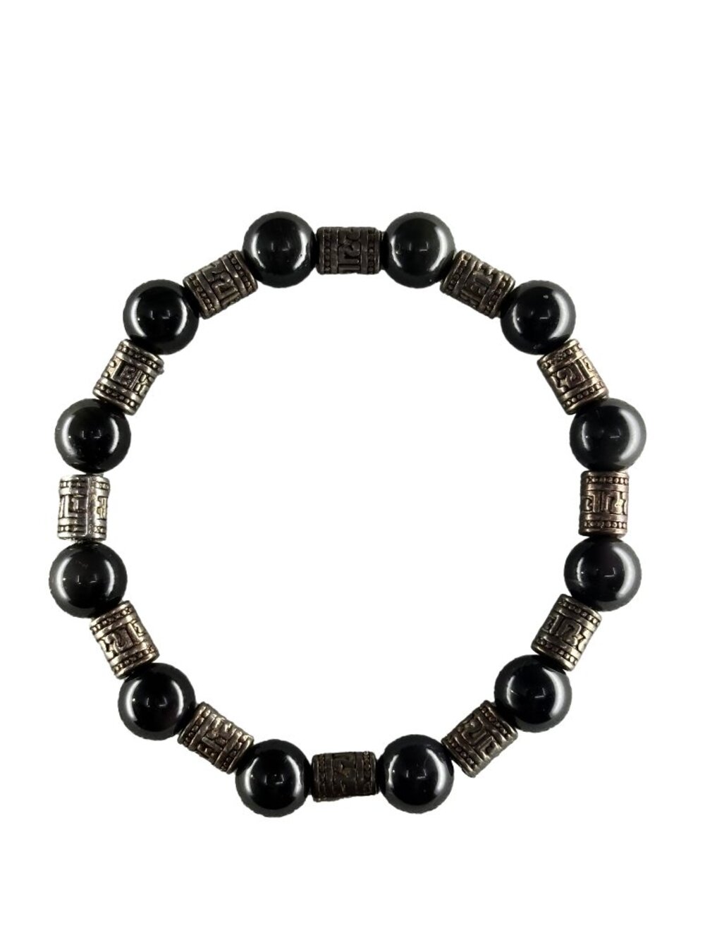 8mm Natural Black Obsidian Stretch Beaded Bracelet Silver Alloy Spacer Charm